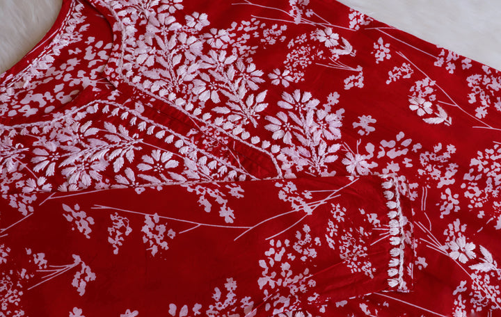 Farhaa Red Floral Long MulMul kurta