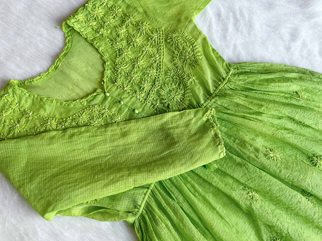 Daania Lime Green Kota Pearl short Frock