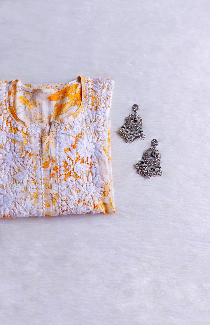 Maahgul Yellow Floral Long MulMul kurta