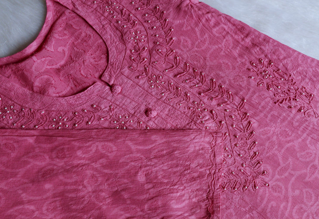 Mauve Pink Long Cotton Jacquard Pearl kurta