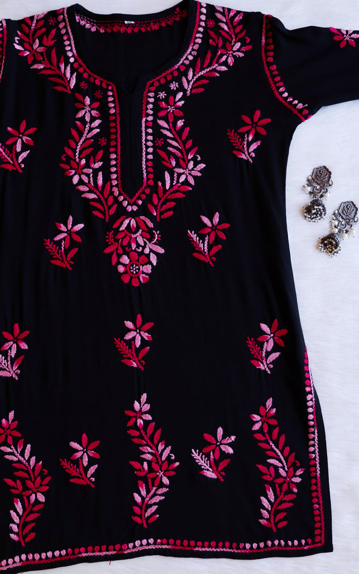 Maaham Black & Deep Pink Short Rayon Kurta - Noor Chikankari