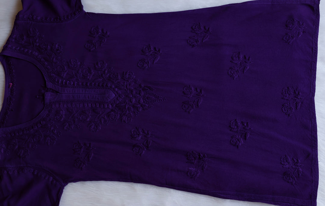 Gul Deep Purple Short Rayon Kurta - Noor Chikankari