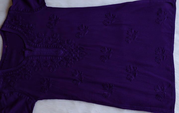 Gul Deep Purple Short Rayon Kurta - Noor Chikankari