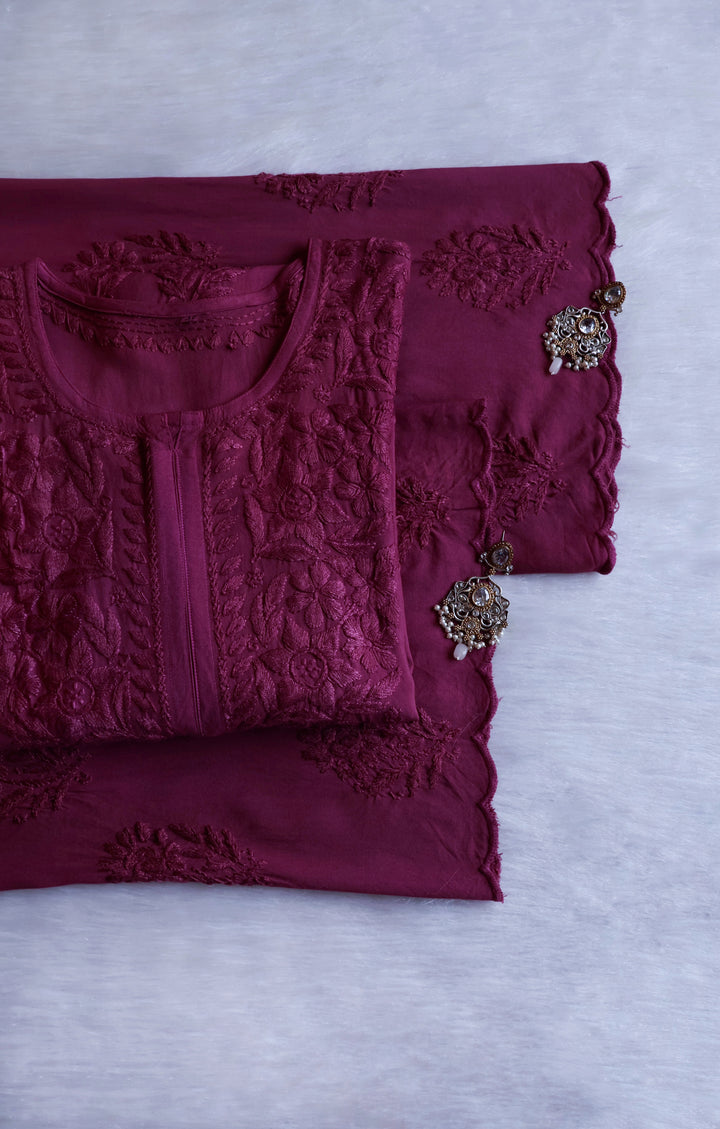 Alishba Deep Plum Scalloped Rayon set