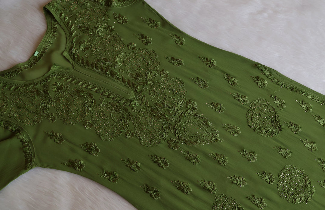 Hanaa Olive Green Viscose Georgette Kurta - Noor Chikankari