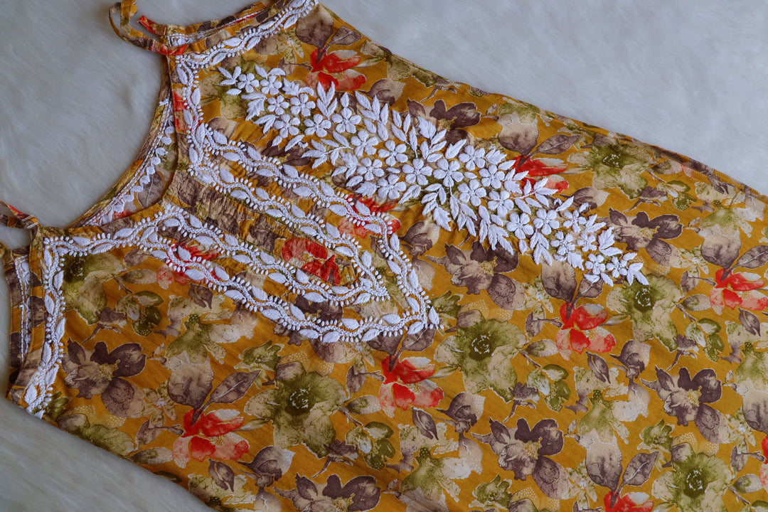 Duaa Mustard Pure Muslin Floral Sleeveless Set