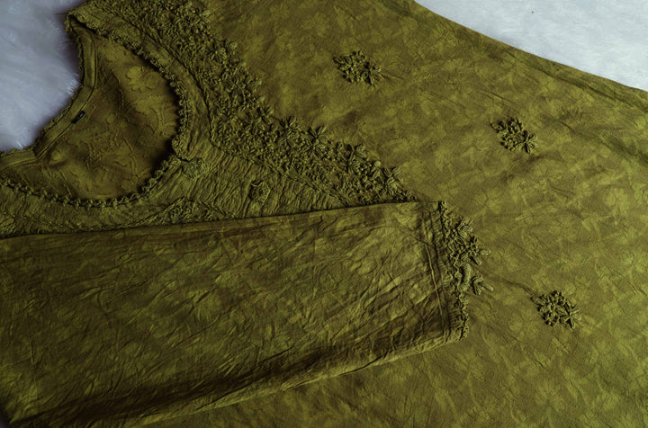 Aaliyah Olive Green Long Jacquard Cotton kurta