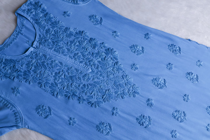 Gul Ice Blue Scalloped Long Rayon Kurta