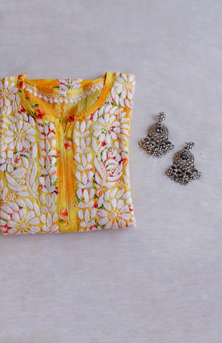 Gul Yellow Floral Long MulMul Kurta