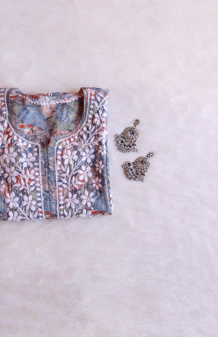 Zahra Grey Floral Long MulMul kurta