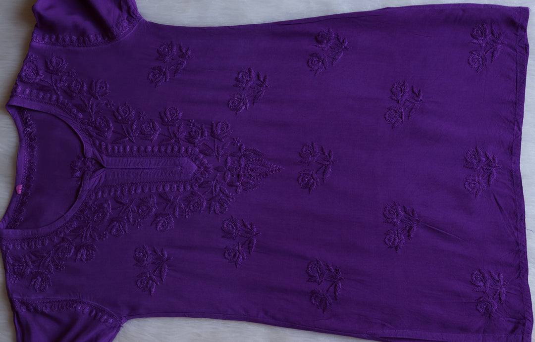 Gul Purple Short Rayon Kurta - Noor Chikankari