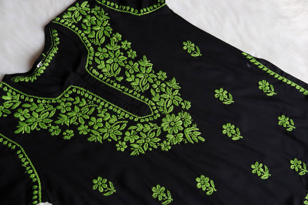 Gul-E-Jahaan Black & Lime Green Short Rayon Kurta