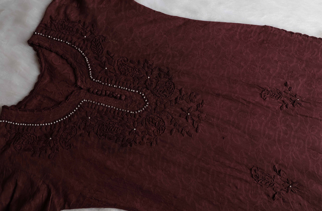 Chocolate Brown Long Cotton Jacquard Pearl kurta