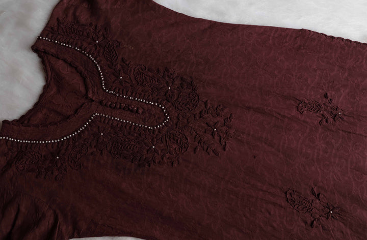 Chocolate Brown Long Cotton Jacquard Pearl kurta