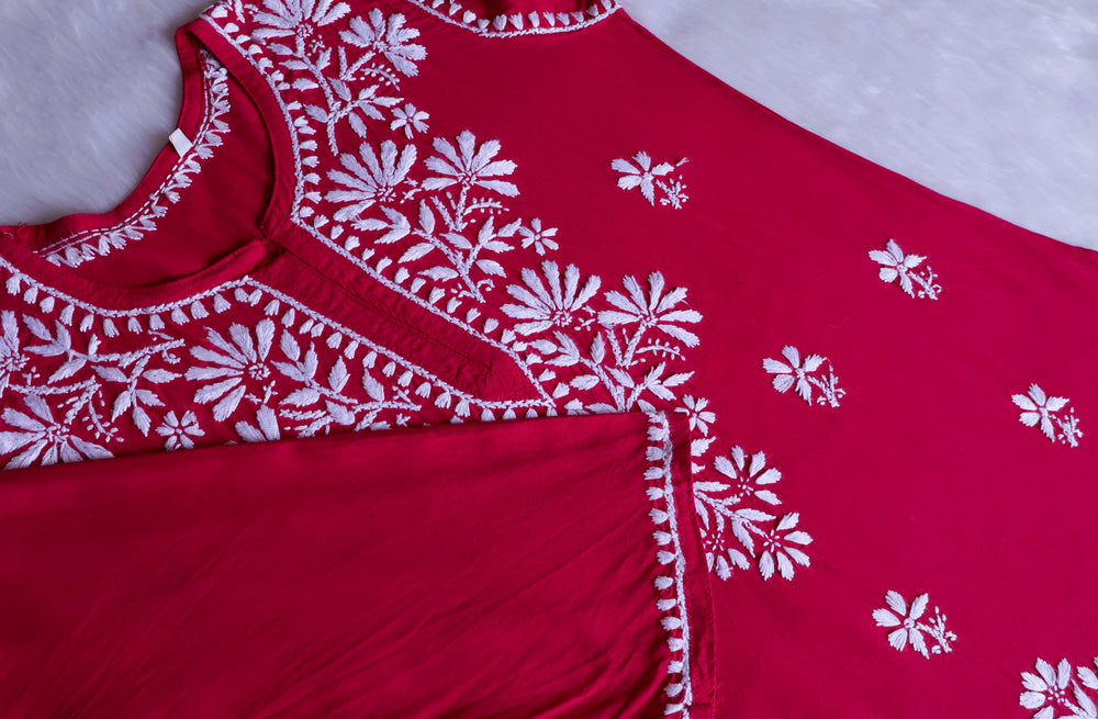 Aayat Deep Pink Short Rayon Kurta - Noor Chikankari