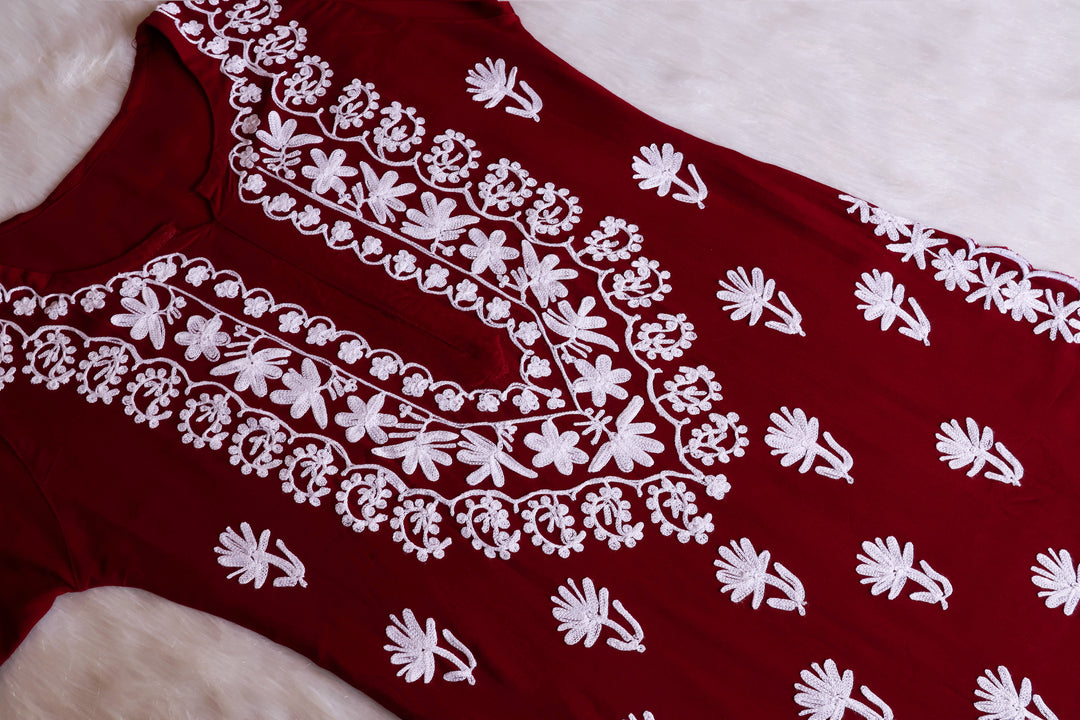 Mira Maroon Rayon Kurta Pant set - Noor Chikankari