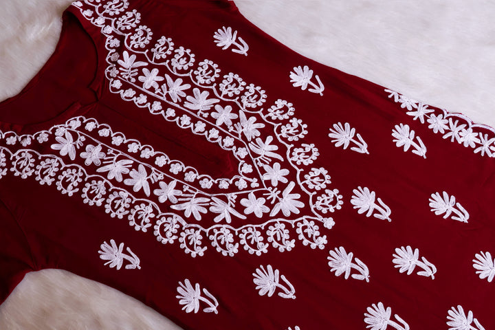 Mira Maroon Rayon Kurta Pant set - Noor Chikankari