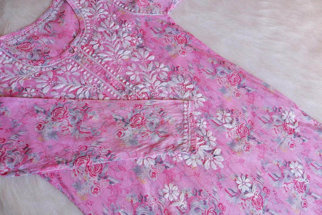Zahra Baby Pink Floral Long MulMul kurta