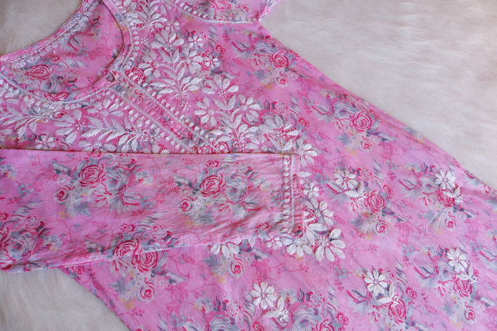 Zahra Baby Pink Floral Long MulMul kurta