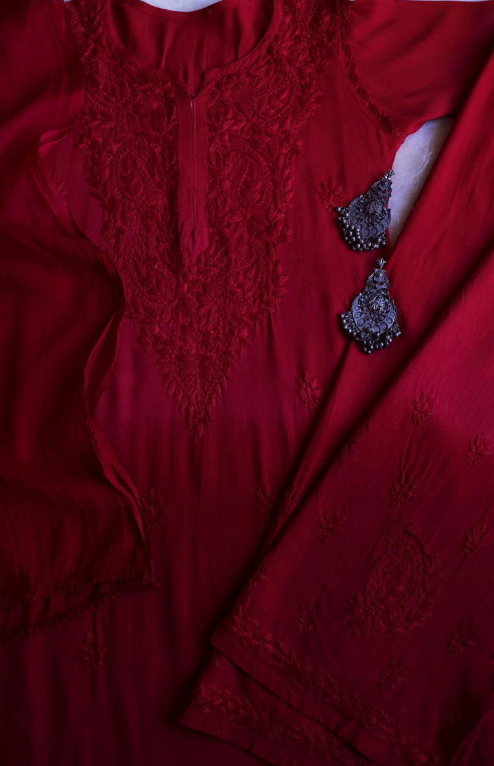 Laila Maroon Ombre Rayon 3 Piece Set - Noor Chikankari