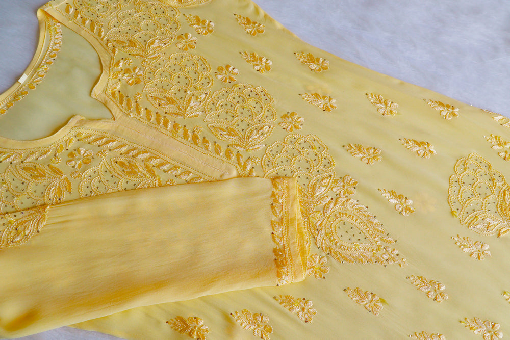 Hanaa Yellow Viscose Georgette Kurta - Noor Chikankari