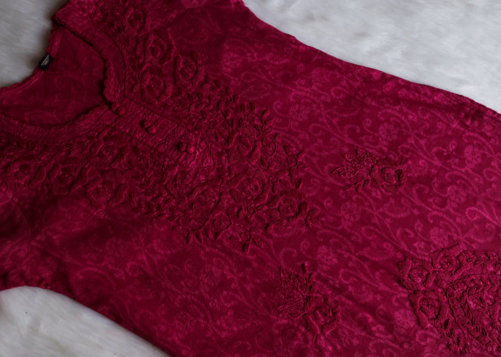 Maroon Long Jacquard Lace Cotton kurta