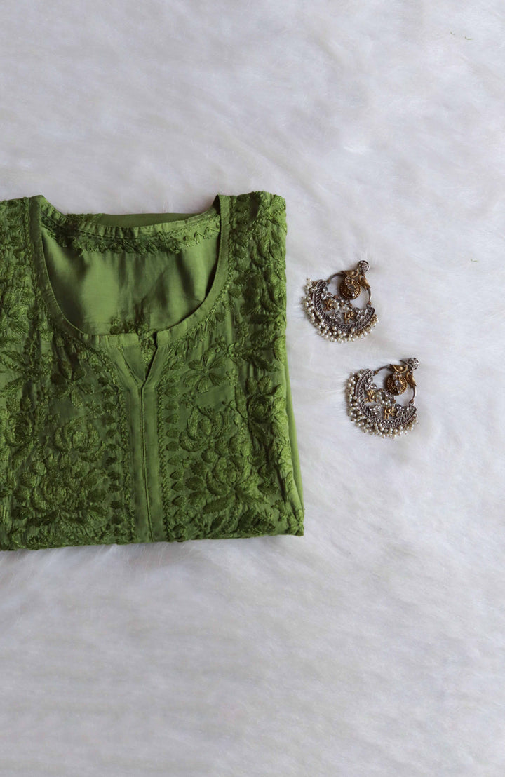 Jannat Olive Green Chanderi Kurta