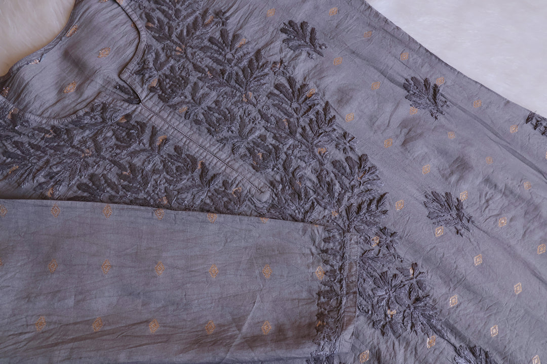 Nazakat Grey Long Chanderi Kurta
