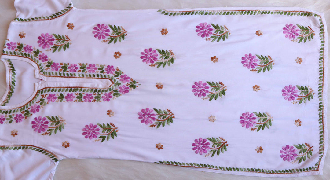 Gul-e-Jahaan White & Lavender Rayon Kurta - Noor Chikankari