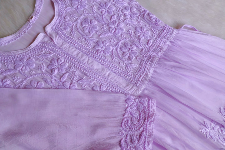 Aafiyat Pure Muslin Lavender Chikankari Fit and Flare dress