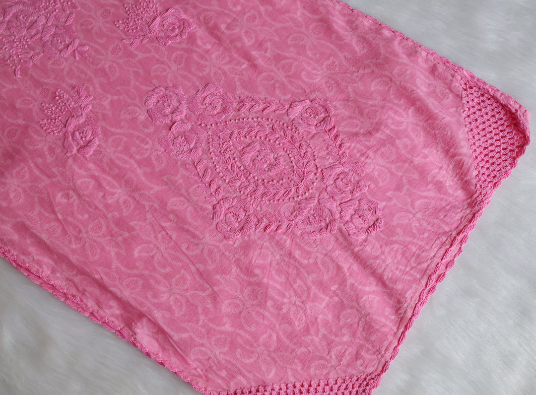 Baby Pink Long Cotton Jacquard Lace kurta - Noor Chikankari