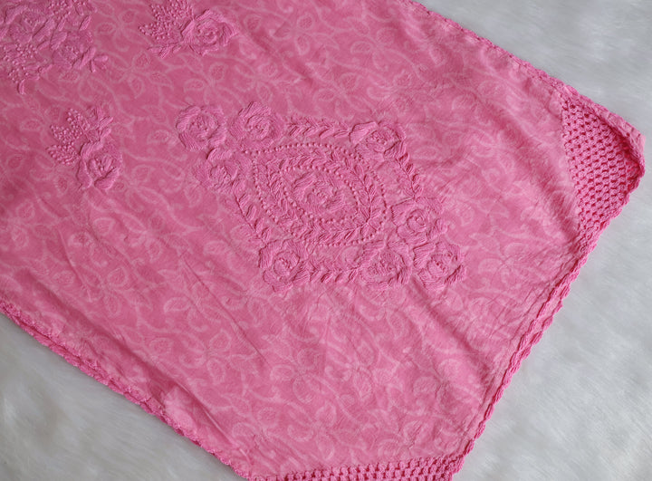 Baby Pink Long Cotton Jacquard Lace kurta - Noor Chikankari