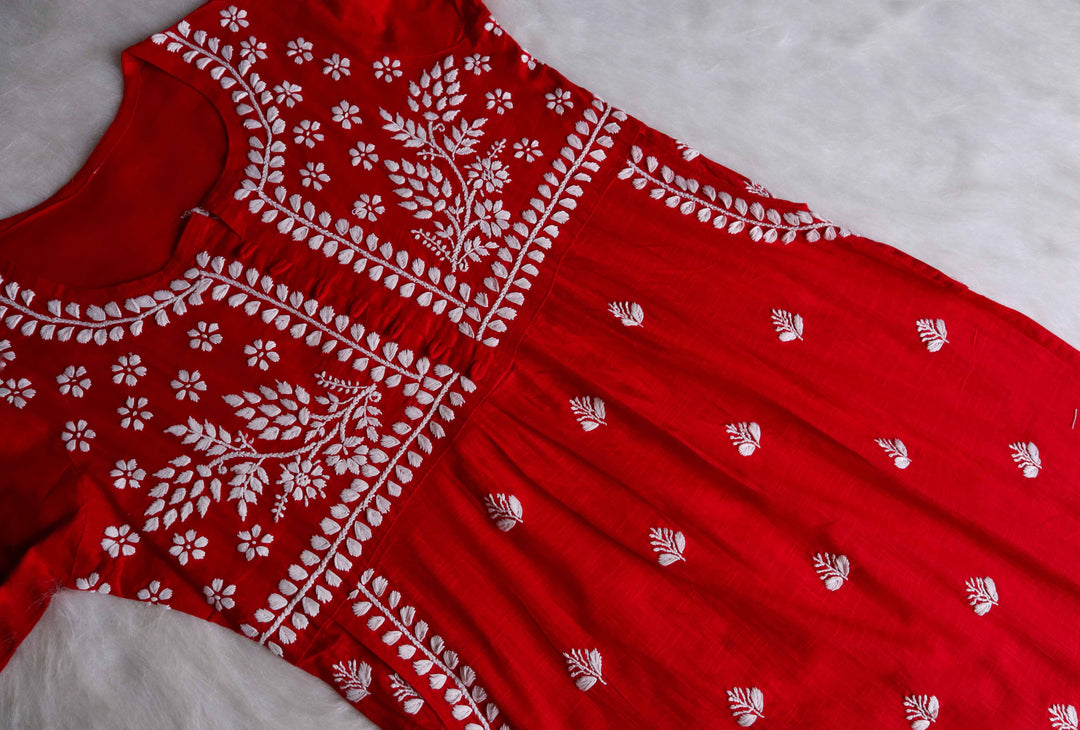 Safaa Red & White Linen Kurta