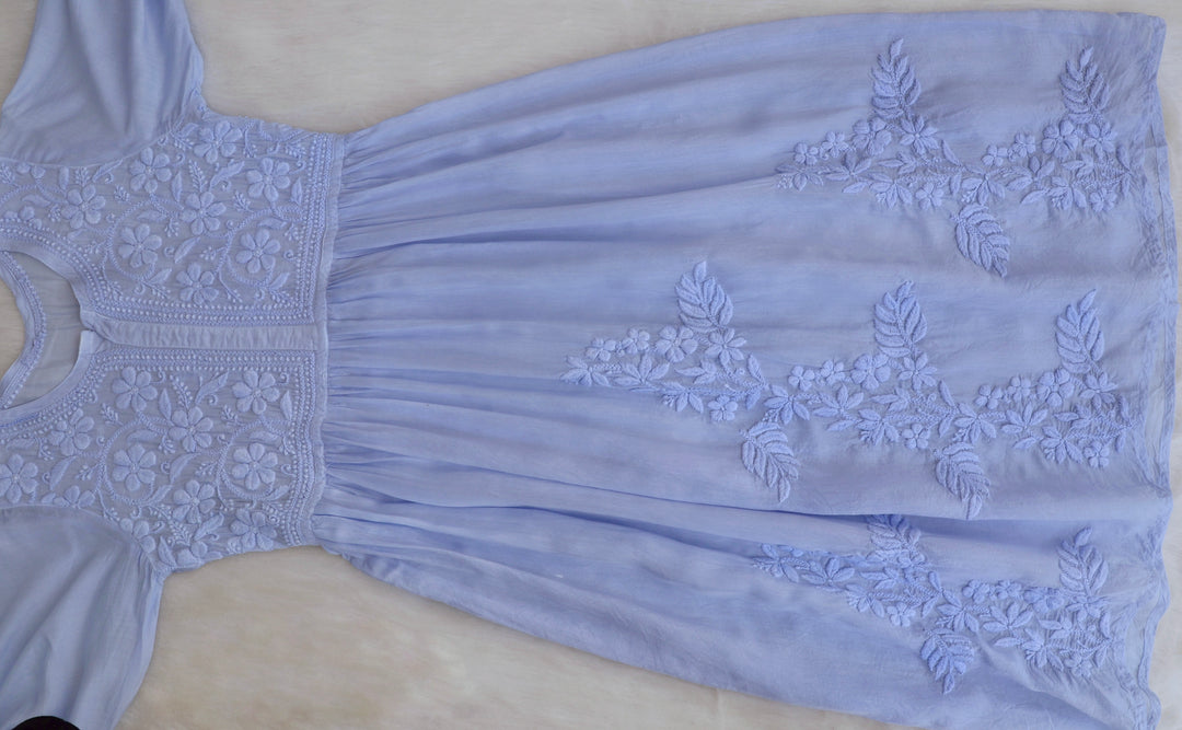 Aafiyat Pure Muslin Ice Blue Chikankari Fit and Flare dress