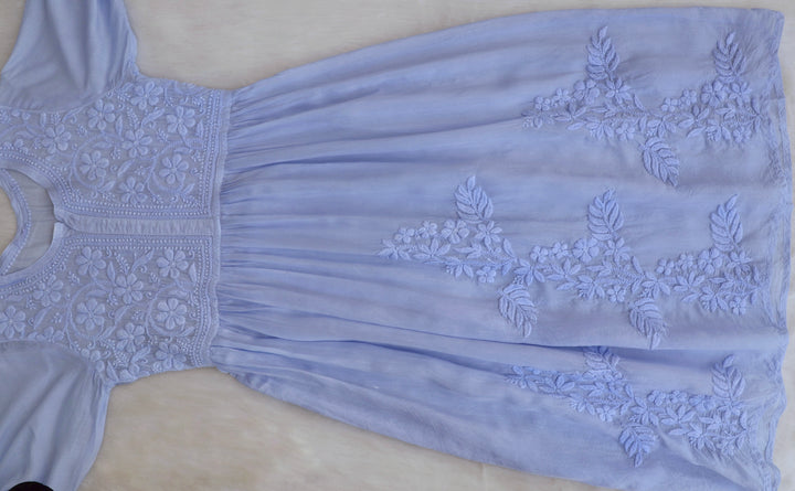 Aafiyat Pure Muslin Ice Blue Chikankari Fit and Flare dress