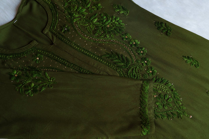 Naida Olive Green Rayon mukaish Long Kurta