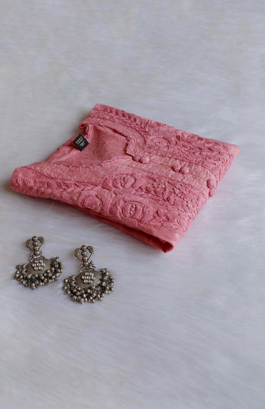 Dusty Rose Long Jacquard Lace Cotton kurta - Noor Chikankari