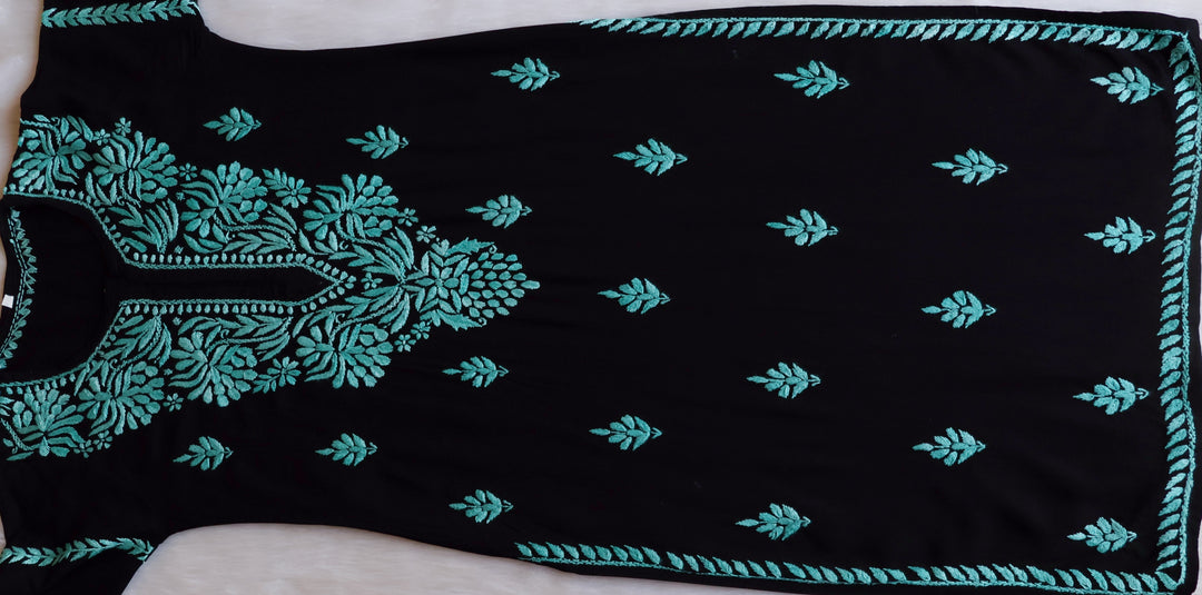 Noora Black & Sky Blue Long Rayon kurta - Noor Chikankari