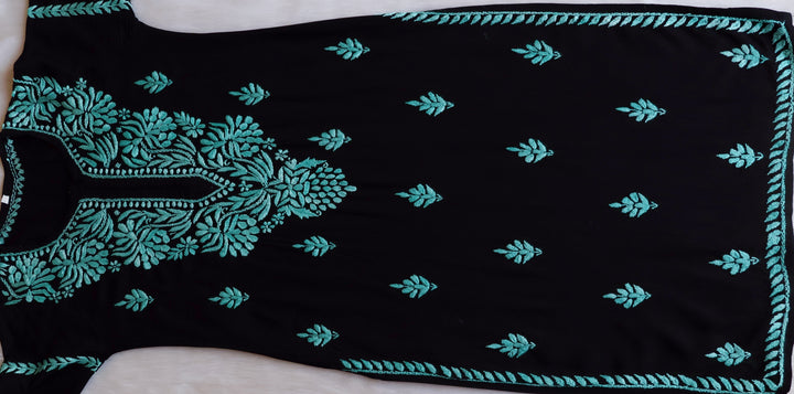 Noora Black & Sky Blue Long Rayon kurta - Noor Chikankari