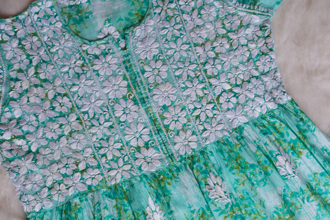 Meera Mint Green Floral Mulmul Fit & flare Dress