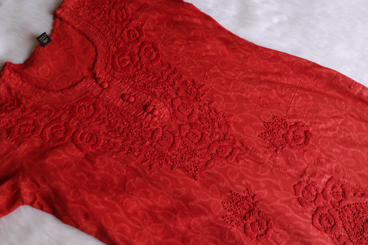 Coral Long Jacquard Lace Cotton kurta - Noor Chikankari