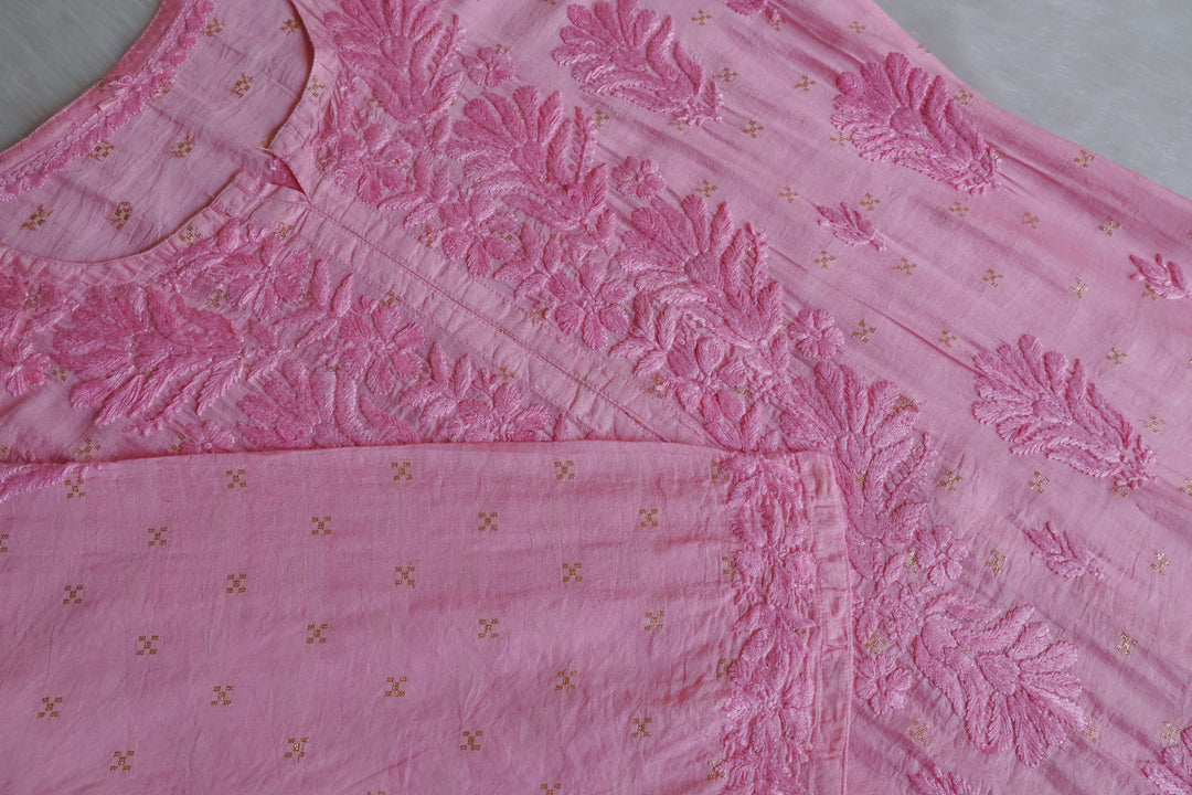 Nazakat Baby Pink Premium Long Chanderi Kurta