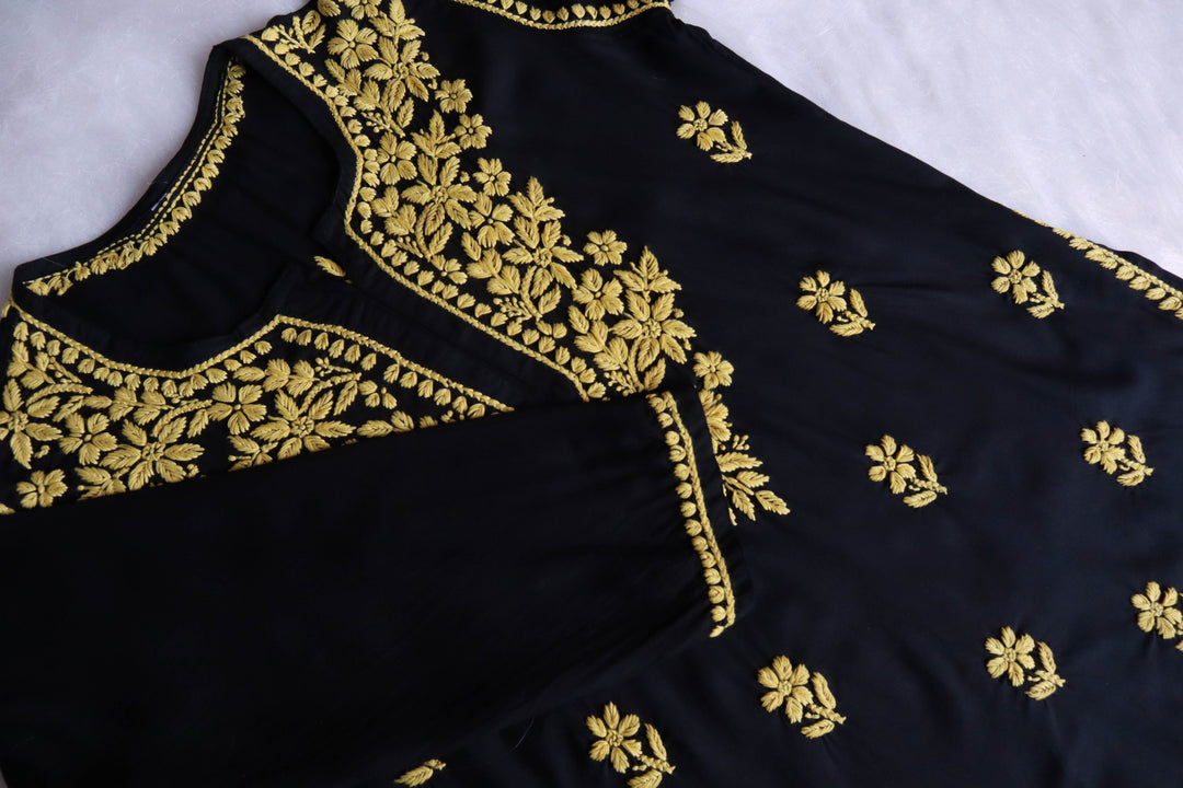 Gul-E-Jahaan Black & Yellow Short Rayon Kurta