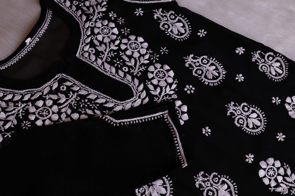 Zaira Black & White Short Georgette Kurta - Noor Chikankari