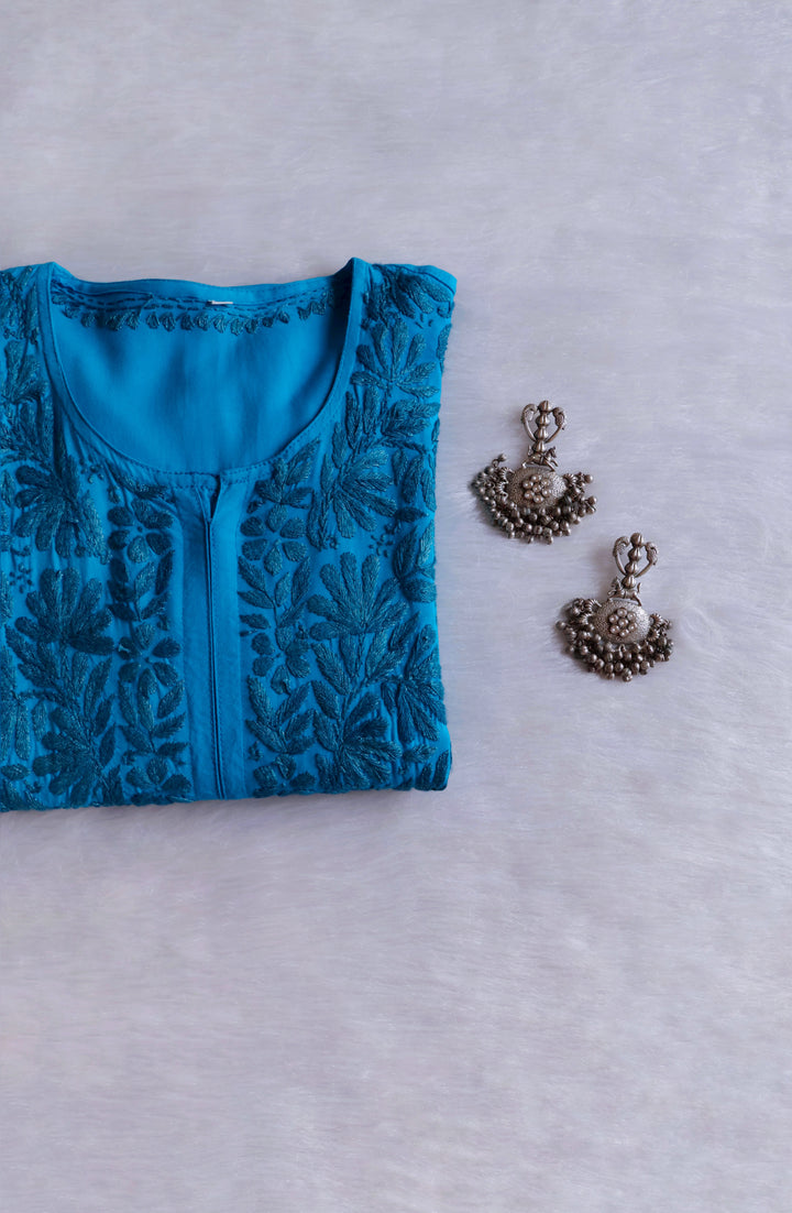 Ayra Peacock Blue Long Rayon kurta - Noor Chikankari