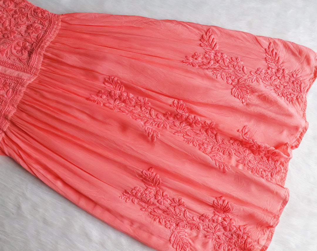 Aafiyat Pure Muslin Rose Pink Chikankari Fit and Flare dress