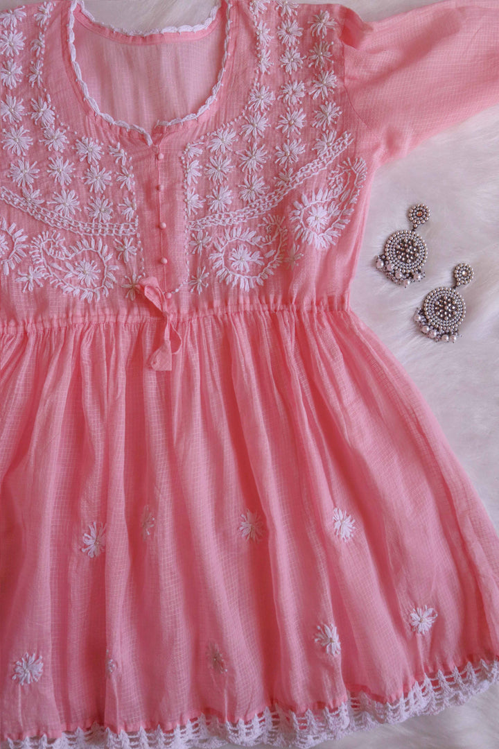 Daania Rose Pink & White Kota Pearl short Frock