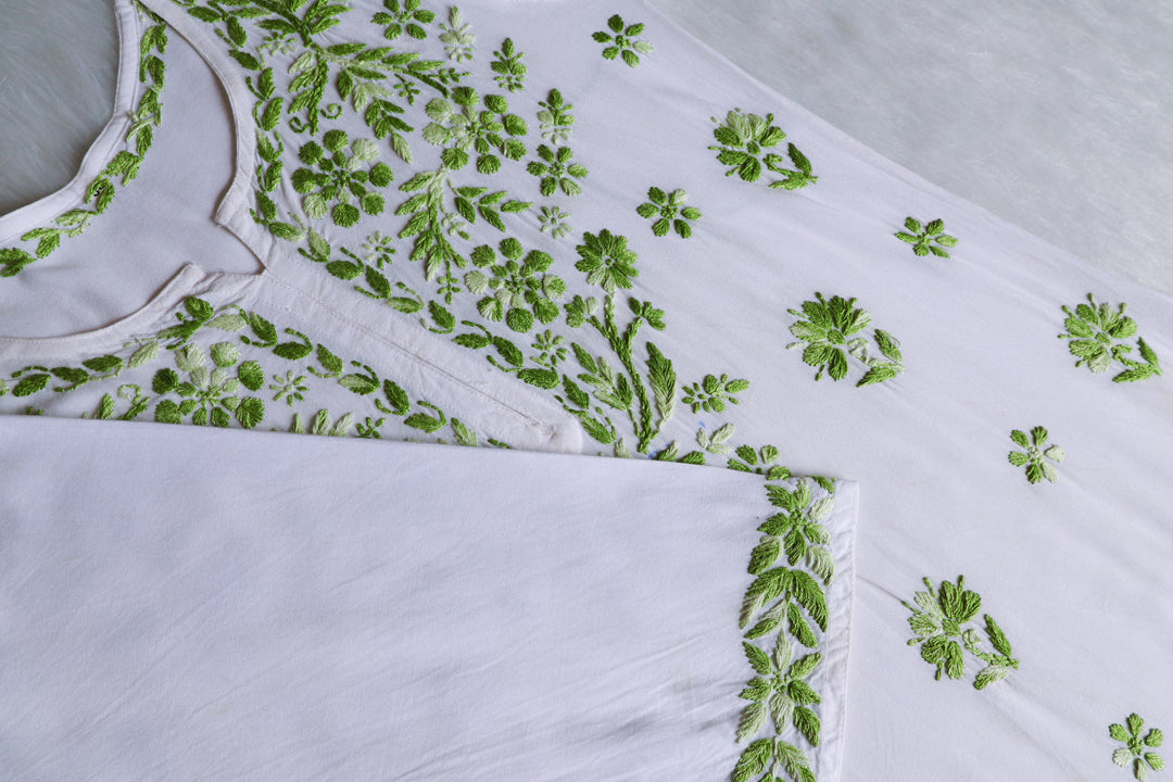 Gulbahaar White & Olive Green Cotton short kurta
