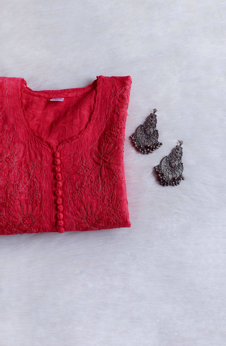 Coral Red Long Cotton Jacquard kurta