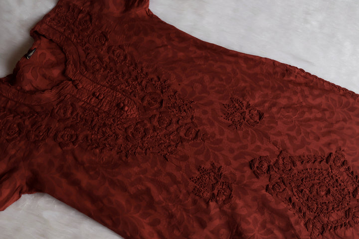 Brown long Jacquard Lace Cotton kurta - Noor Chikankari